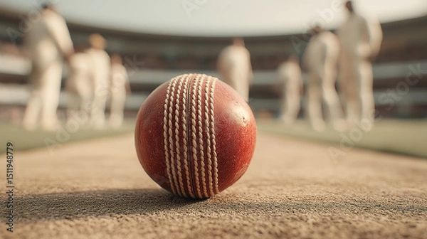 Fototapeta Cricket Ball on Pitch: A detailed shot of a cricket ball resting on the pitch, with players in the background. The photo evokes a sense of anticipation and the thrill of the game. 