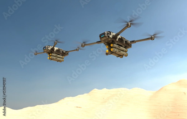 Fototapeta Autonomous war drones flying in the sky. 3D illustration