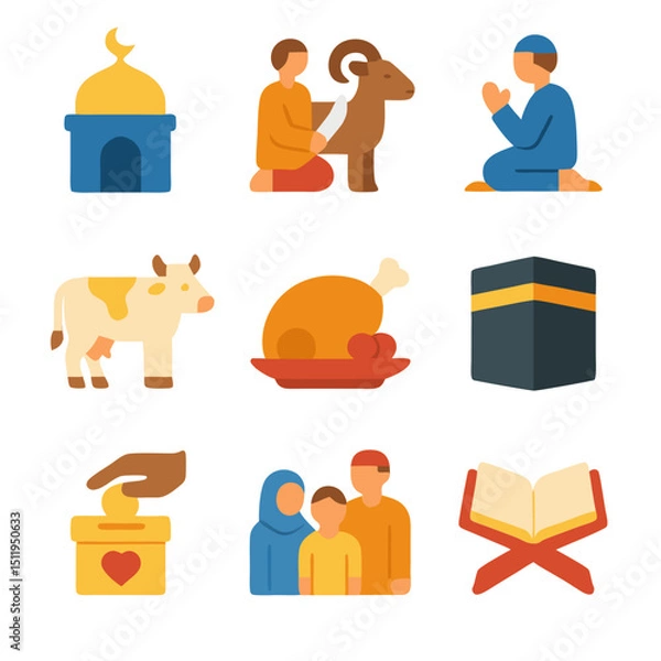 Obraz Eid Adha pack featuring icons of Islamic traditions and practices. Suitable for holidaythemed designs, social media graphics, and educational materials.