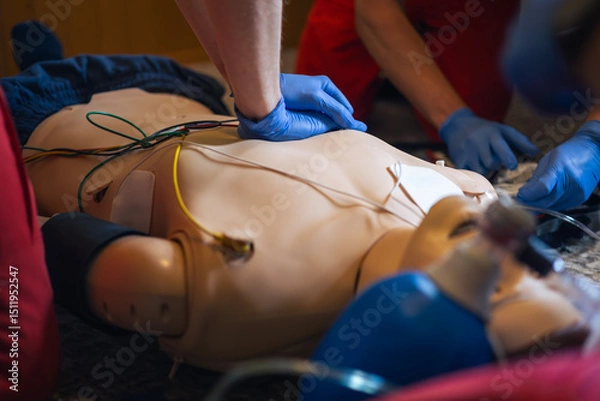 Fototapeta Hands of paramedic and doctor during resuscitation. Team of emergency medical service during CPR training on dummy. Themes rescue, urgency and health care.
