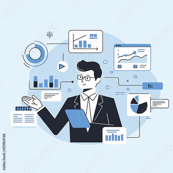 Fototapeta Businessman Analyzing Data with Digital Interfaces and Charts