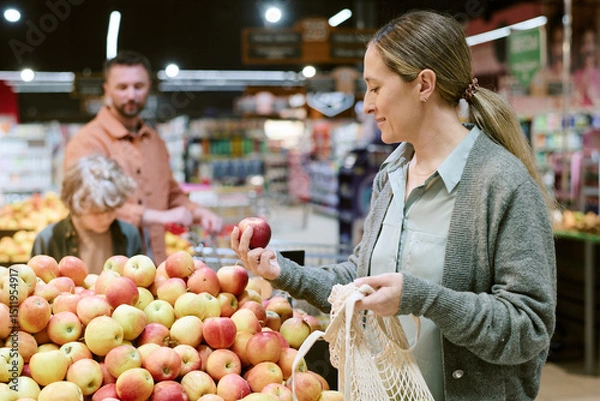 Obraz Woman selecting apples while holding net shopping bag. Background showing other shoppers and produce in well-lit grocery store
