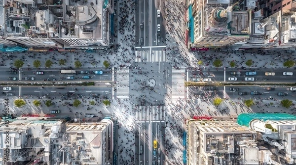Fototapeta Aerial View of Crowded City Intersection with Pedestrian Crosswalks