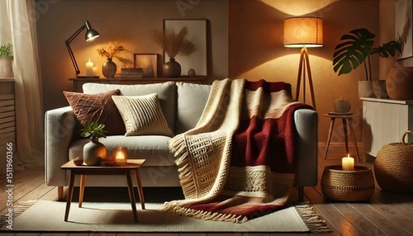 Obraz A cozy living room setup with a decorative throw blanket on a couch
