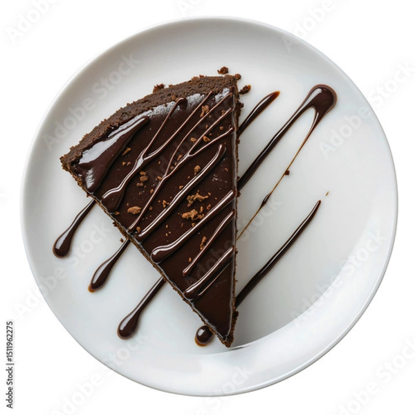 Fototapeta Rich, decadent slice of chocolate cake or tart, dark moist dessert, fudge sauce or cocoa drizzle, elegant gourmet treat, isolated, top-down