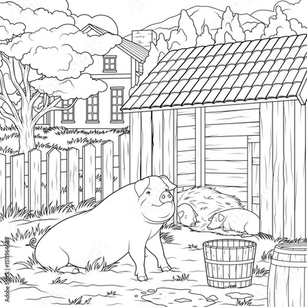 Fototapeta Vector illustration, farm with pigs