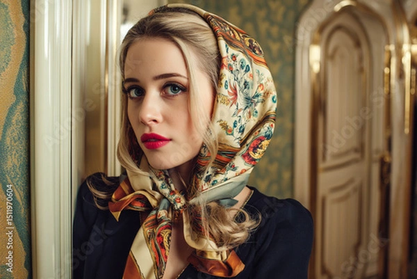 Obraz Blonde with headscarf and red lips poses in 60s interior