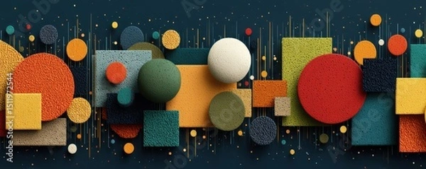 Fototapeta Colorful abstract geometric composition with circles and squares on a dark background