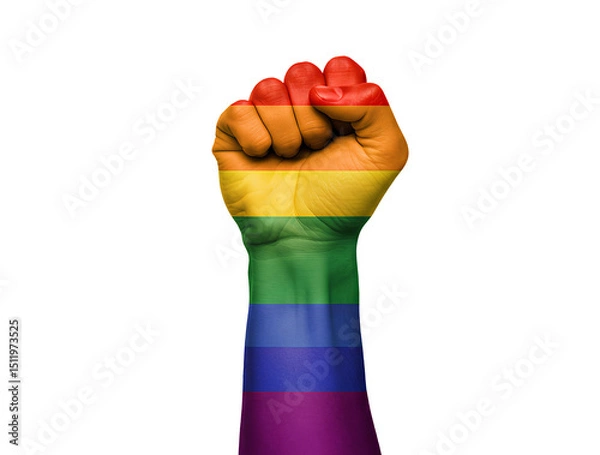 Fototapeta Rainbow colored raised fist symbol PNG representing LGBTQ+ pride, strength, and equality activism. LGBTQ+ rainbow fist isolated for Pride Month visuals, human rights and campaigns