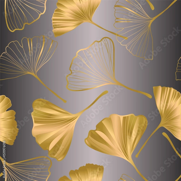 Fototapeta Banner of ginkgo biloba leaf. ink line art design. Ginkgo Biloba leaves. Seamless Pattern.