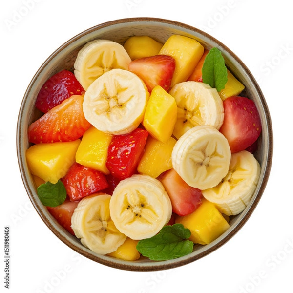 Fototapeta Overhead view of a healthy fruit salad in a bowl, a fresh mix of sliced strawberry, mango, and banana, a clean eating and vegan diet concept