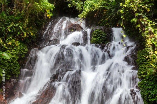 Obraz Closeup, Jembong waterfall, Nothern Bali, Indonesia. Water cascading over rocks; lush green vegetation on both sides. 

