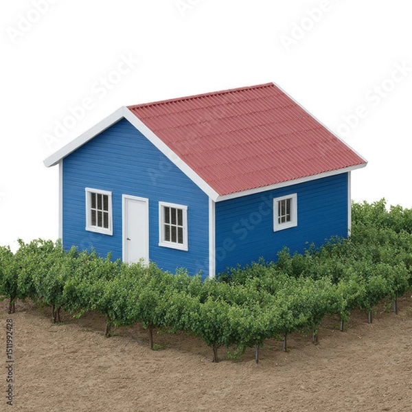 Obraz A charming blue house with a red roof, surrounded by lush green vines in a vineyard setting, featuring windows and a door, perfect for countryside aesthetics.