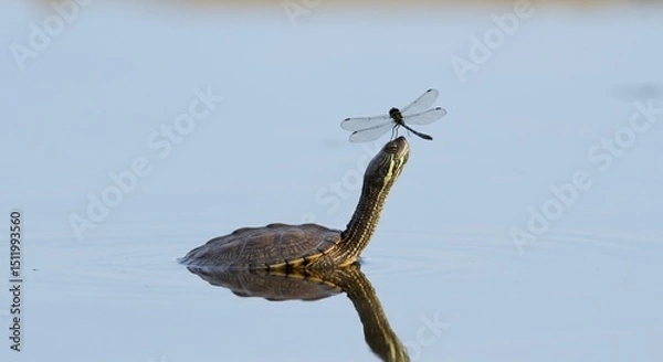 Fototapeta turtle with dragonfly on head
