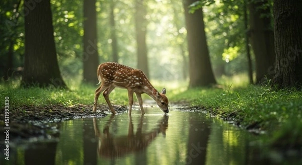 Fototapeta deer drinking from forest stream
