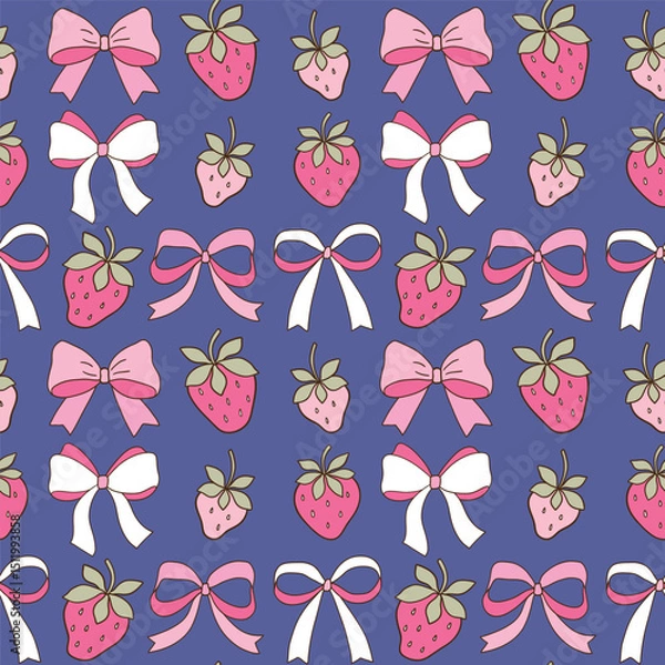 Fototapeta Seamless vector pattern with bows and strawberries. Hand drawn baby girl background. EPS 10 vector file. Perfect for textile, wallpaper or nursery print design.