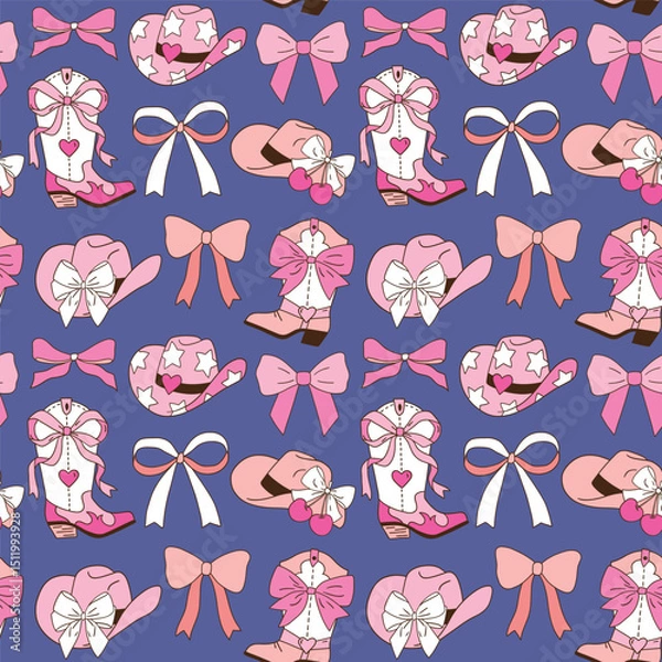 Fototapeta Seamless vector pattern with western cowgirl boots and bows. Hand drawn girly rodeo background. EPS 10 vector file. Perfect for textile, wallpaper or nursery print design.