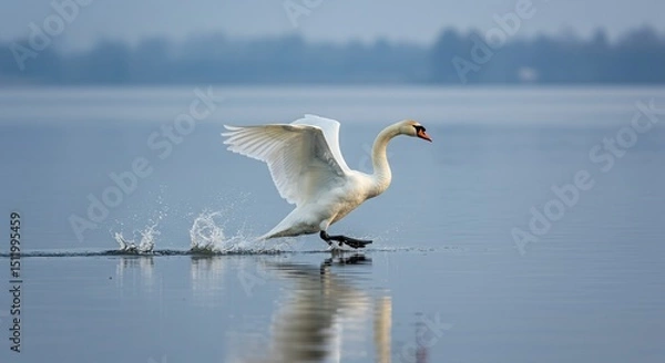 Fototapeta swan taking off from water