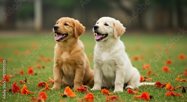 Fototapeta two golden retriever puppies in grass
