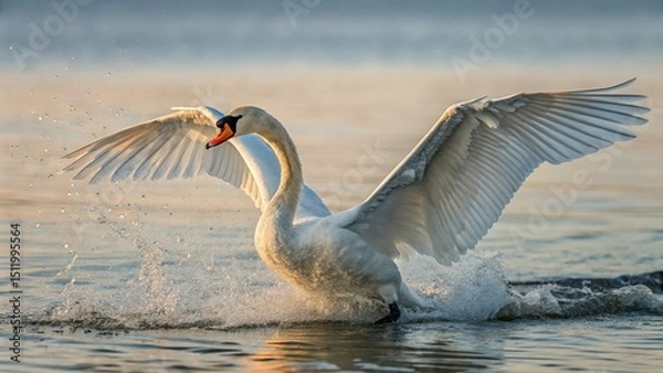 Fototapeta white swan taking off from water