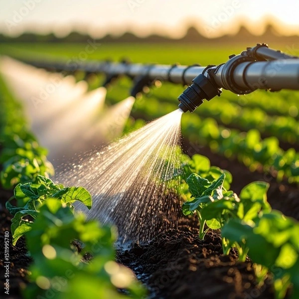 Fototapeta Close-up of a modern irrigation system watering rows of lush green crops in a sunlit agricultural field during sunset, highlighting farming technology.