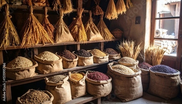 Fototapeta Burlap sacks filled with colorful grains and seeds are arranged in a rustic market setting with dried wheat stalks hanging overhead.