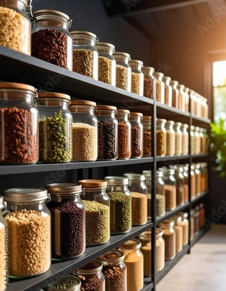 Fototapeta A modern, well-organized pantry with rows of glass jars filled with colorful dried legumes and seeds, neatly arranged on black shelves.
