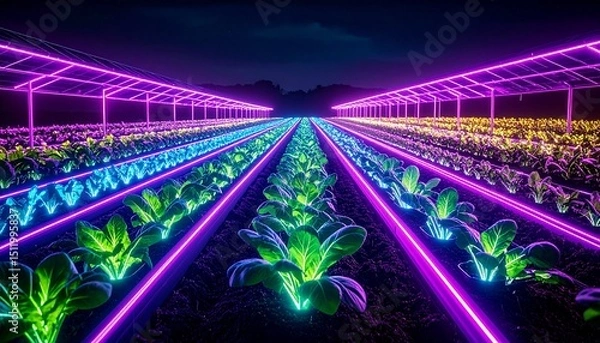 Fototapeta Rows of crops illuminated by neon pink, blue, and green LED lights in a modern greenhouse at night, creating a surreal and colorful farming environment.