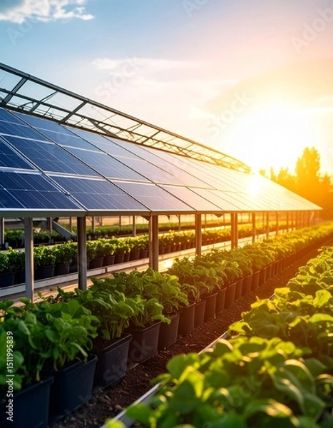 Fototapeta A sustainable greenhouse powered by solar panels grows lush green plants in neat rows under a glowing sunset, symbolizing eco-friendly farming.