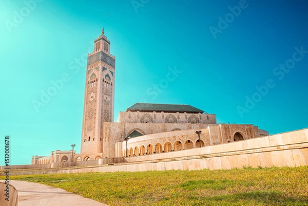 Fototapeta Hassan II Mosque dominating Casablanca's skyline under a vibrant blue sky, showcasing its intricate architecture and grandeur