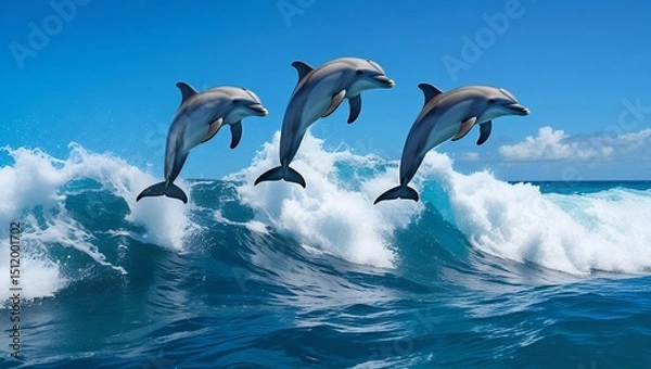 Fototapeta Three dolphins leap over a wave in the ocean.