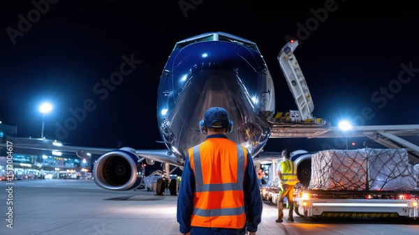 Fototapeta Airport worker supervising airplane loading at night