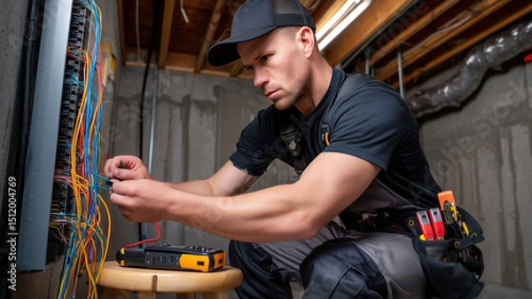 Fototapeta Electrician checking wires with digital multimeter in basement
