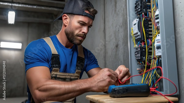 Fototapeta Electrician using digital multimeter checking voltage output on fuse box