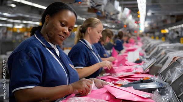Fototapeta Postal workers processing pink envelopes in distribution center