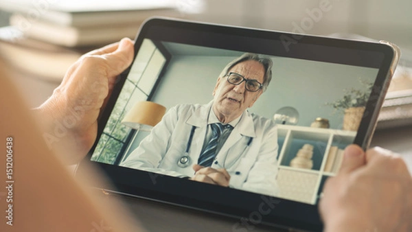 Fototapeta Doctor and patient talking on computer video call	