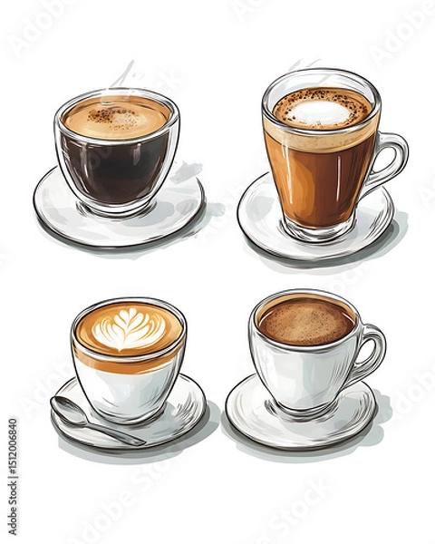 Obraz Realistic and artistic illustrations of coffee beans, brewing equipment, coffee cups, baristas, coffee farms, roasting processes, and café scenes