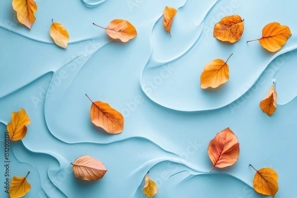 Fototapeta Colorful autumn leaves on light blue background featuring elegant swirling patterns