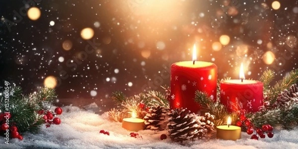 Fototapeta Cozy winter candle display with pinecones and festive bokeh lights