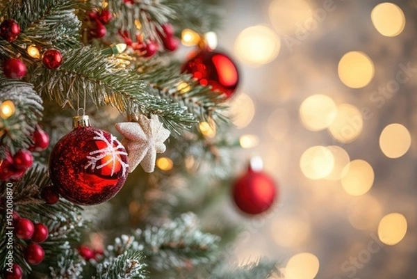 Fototapeta Festive christmas tree with lights and pinecones in winter wonderland