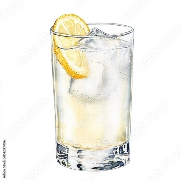 Fototapeta Gin fizz cocktail with ice cubes and lemon slice in a highball glass. Watercolor illustration isolated on white background. Alcoholic drink with citrus and soda.
