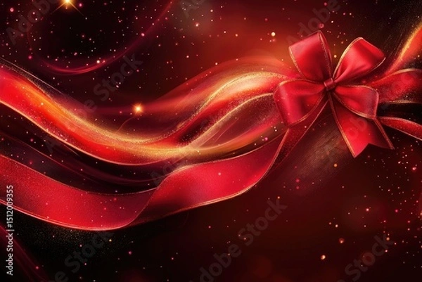 Fototapeta Festive red ribbon with sparkling bokeh background for holiday celebrations