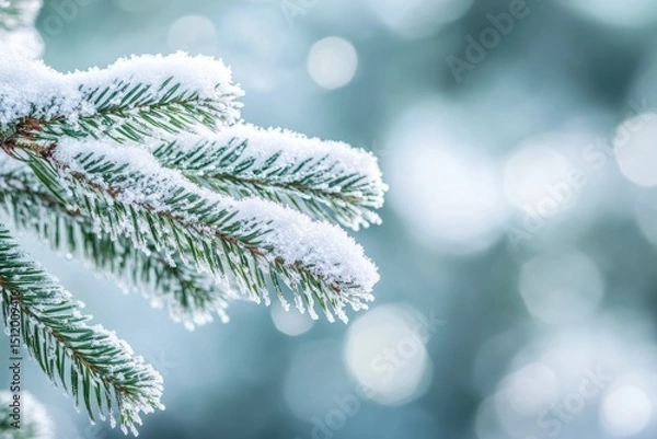 Fototapeta Frosted pine cone on snowy christmas tree branch with warm bokeh lights