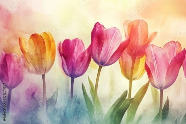 Fototapeta Colorful tulips in soft pastel watercolor light creating a vibrant spring atmosphere
