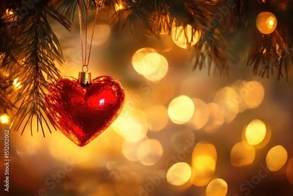 Fototapeta Heart-shaped christmas ornament amid glowing lights on pine tree branch