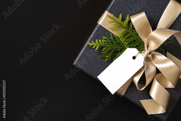 Obraz Blank gift tag on blue gift box with gold satin ribbon and tui sprig. Black background, space for your text.