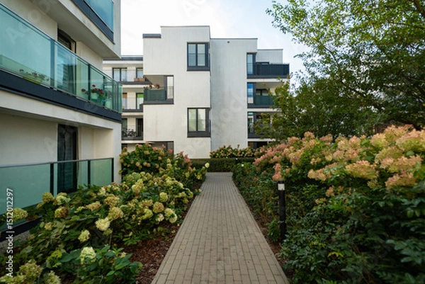 Fototapeta A beautiful landscaped garden inside a residential property. A paved path runs between lush hydrangea bushes and hedges, leading toward apartment homes and creating a serene living environment.
