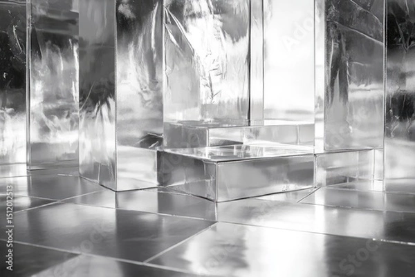 Fototapeta Abstract metallic architecture with reflective geometric structures and surfaces