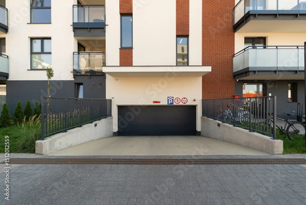 Fototapeta Secure underground parking garage with a closed roller door at a new residential building. This modern infrastructure includes a bicycle rack, showing thoughtful design for residents' vehicles.