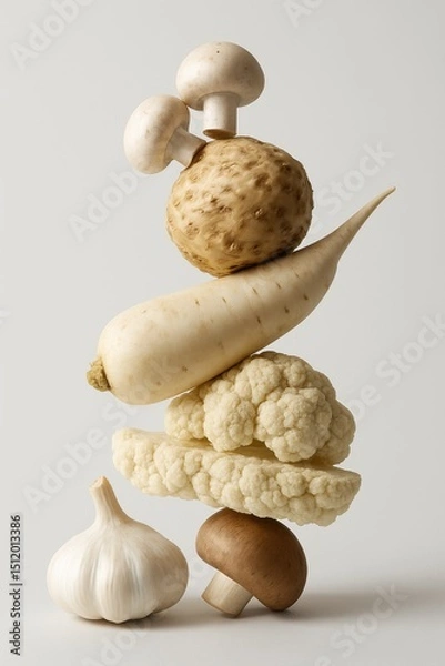 Fototapeta Garlic, mushrooms, celery root, parsnip and cauliflower arranged in vertical balance on neutral background. Studio food monochrome still life. Healthy eating and seasonal autumn harvest concept. 